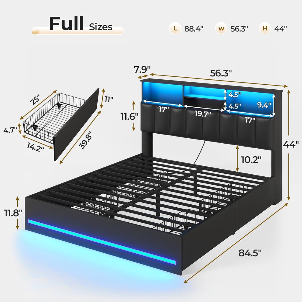 VIAGDO Full Size Bed Frame with Bookcase Headboard, Wooden Bed Frame Full Size with Charging Station, 4 Storage Drawers and LED Lights, with Type-C and USB, No Box Spring Needed, Black