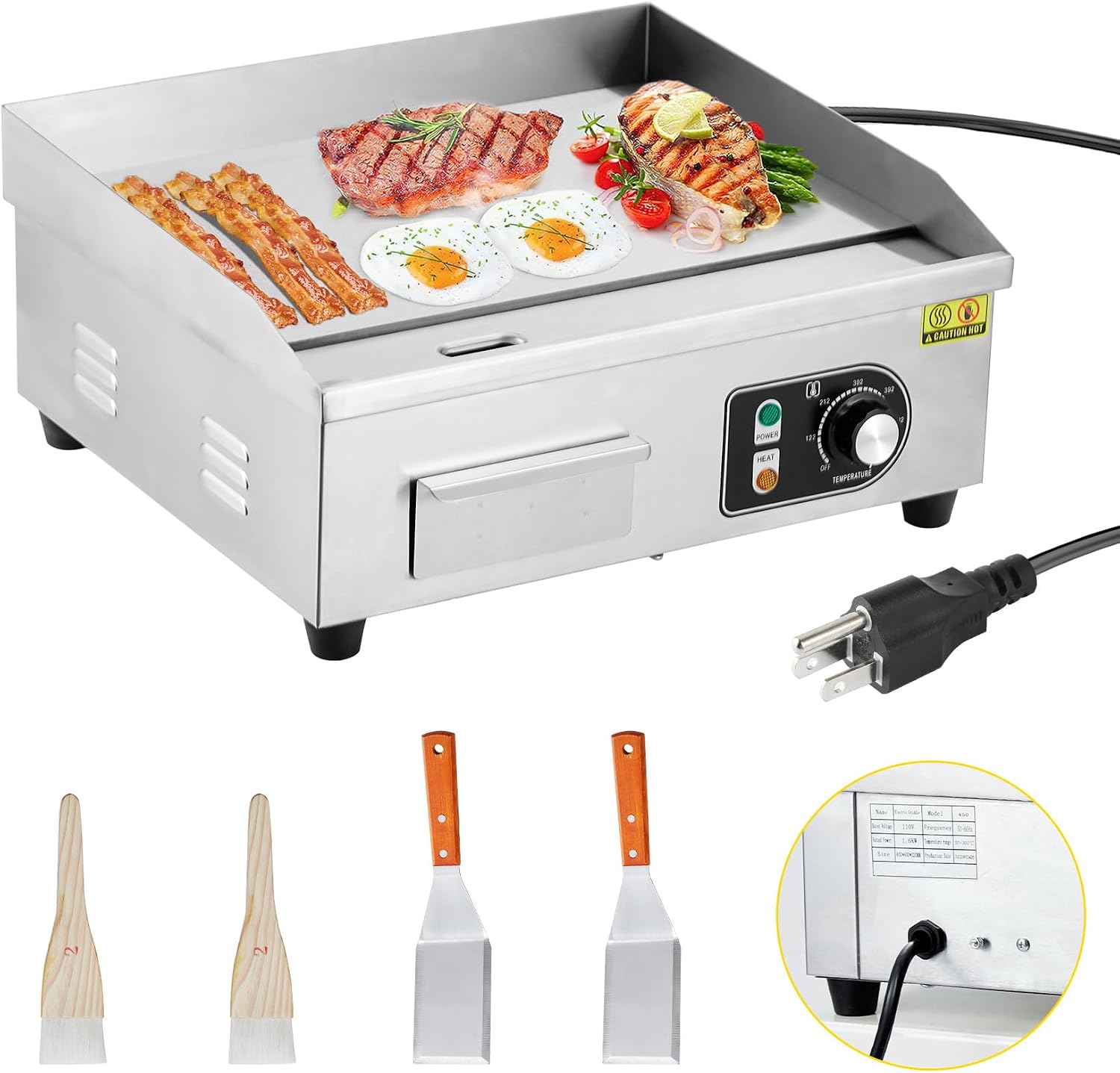 22' Commercial Electric Griddle 1600W Electric Countertop Griddle Non-Stick Restaurant, Teppanyaki Flat Top Grill Stainless Steel Adjustable Temperature Control 122°F-572°F (with PLUG)