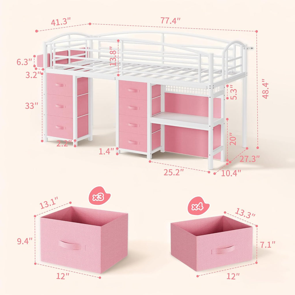 Low Loft Bed Twin Size with 7 Storage Drawers, Desk and LED Lights, Heavy Duty Metal Kids Loft Bed with 12' H Safety Guardrail, Anti-Collision Pad, Private Play Curtain, Under-Bed Play Space - Pink