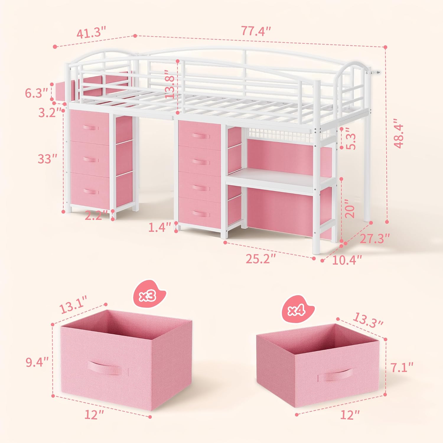 Low Loft Bed Twin Size with 7 Storage Drawers, Desk and LED Lights, Heavy Duty Metal Kids Loft Bed with 12' H Safety Guardrail, Anti-Collision Pad, Private Play Curtain, Under-Bed Play Space - Pink