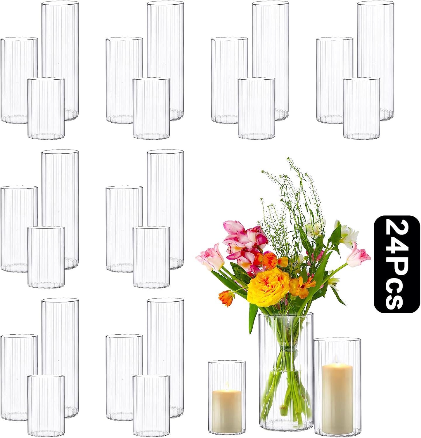 PHOSPHOR 24 Pcs Hurricane Candle Holders for Pillar Candle 6'', 8'', 10'' Tall Glass Cylinder Centerpieces Vases Floral