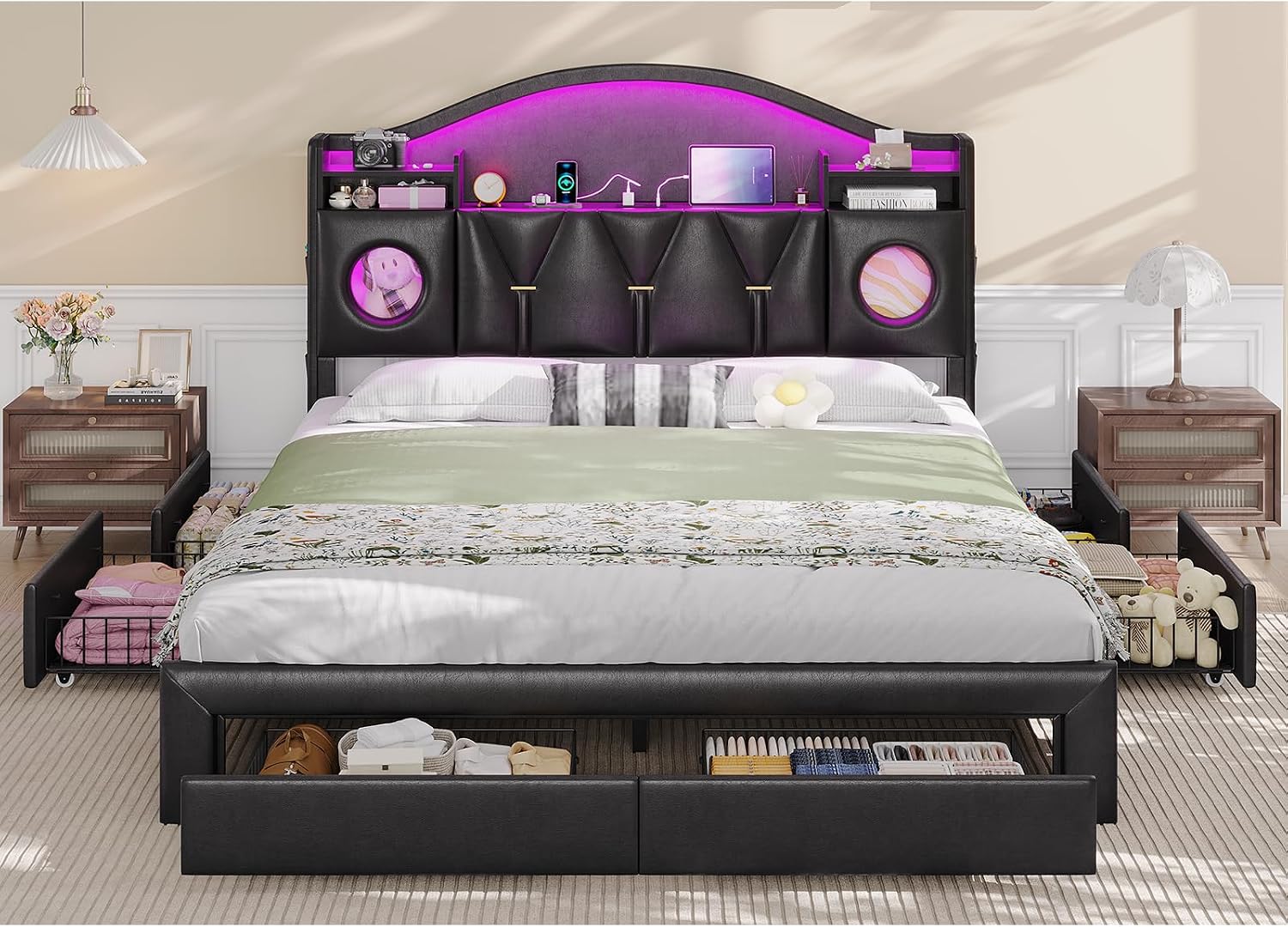 Queen Bed Frame with 6 Storage Drawers and Headboard,Bed Frame Queen Size with Charging Station & LED Light,Platform Metal Bed Frame with Storage,Queen Bed No Box Spring Needed,Easy Assembly,PU Black