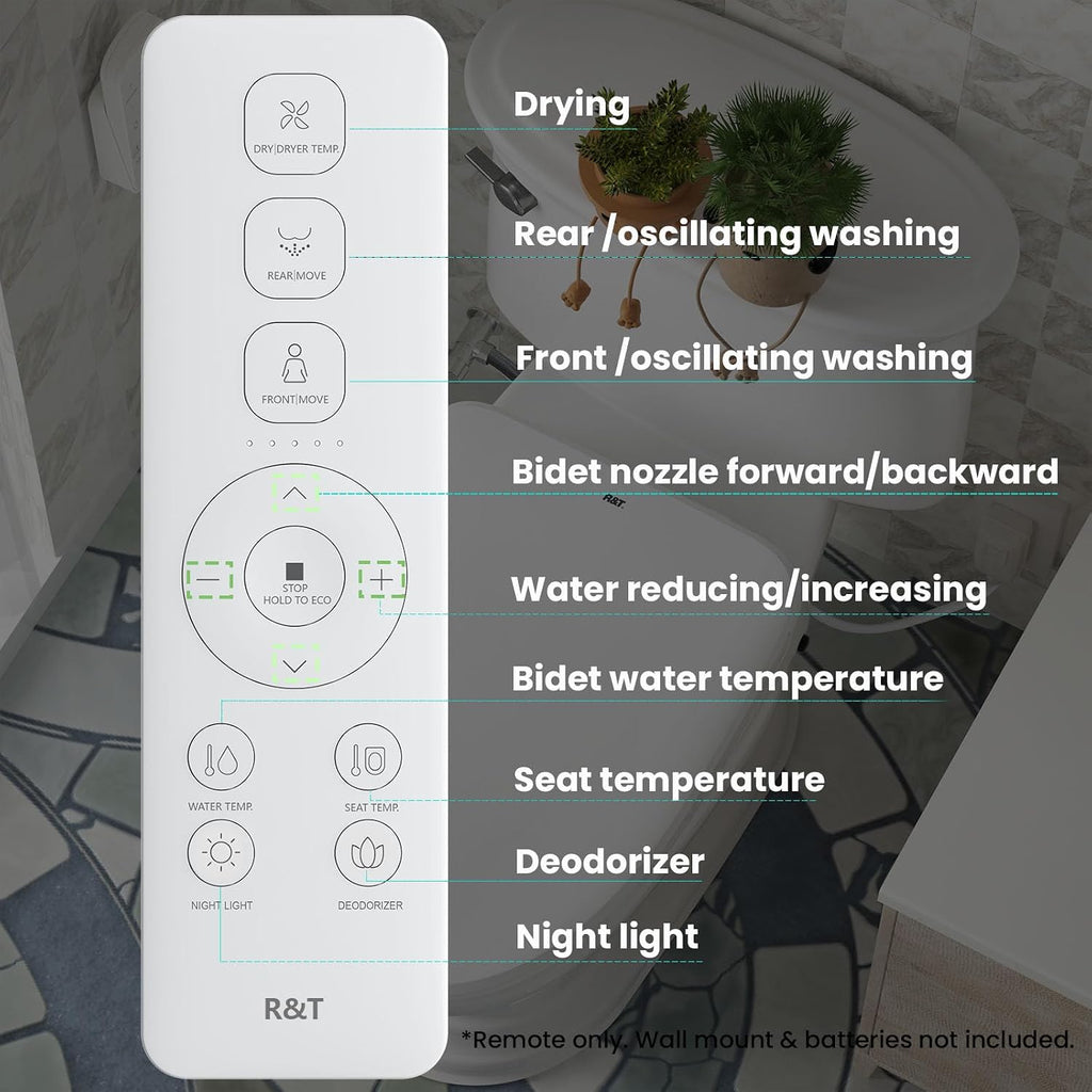 R&T V3200 Elongated Bidet Toilet Seat with Heated Seat, Instant Warm Water & Air Dry, LED Nightlight, Deodorizer - Electric Bidets with Adjustable Water Pressure, Stainless Steel Nozzle