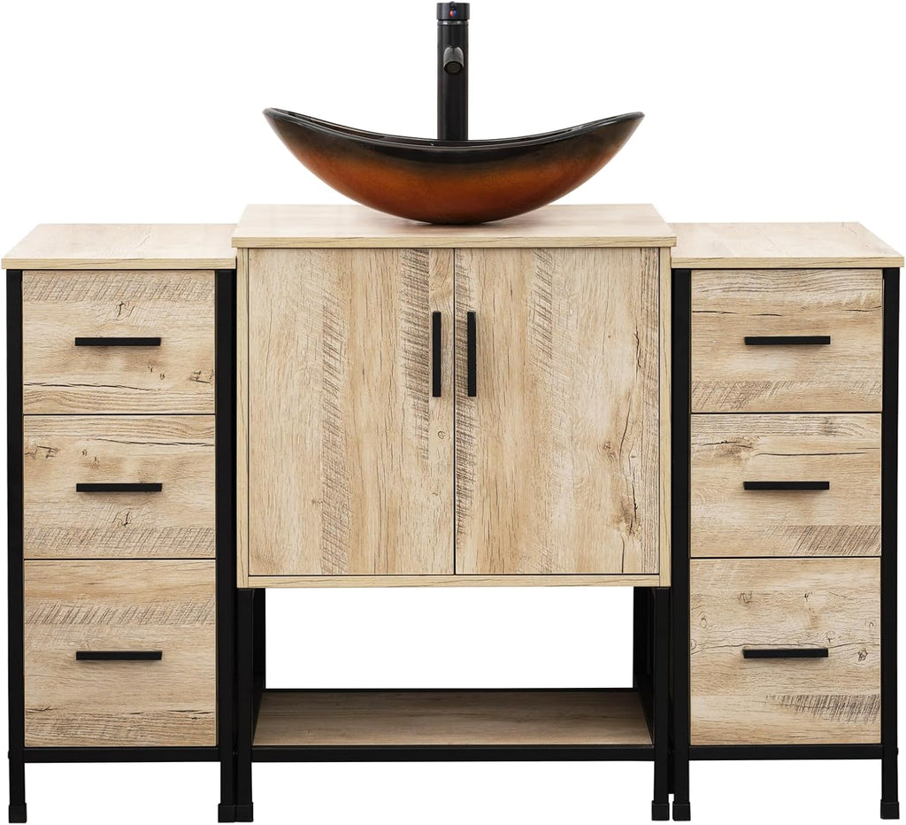 UEV 48' Rustic Oak Bathroom Vanity with Sink Combo,Industrial Iron Frame Bathroom Cabinet Sets with Double 3 Drawers Side Cabinet,Modern Brown Boat Tempered Glass Vessel Sink(029BR)
