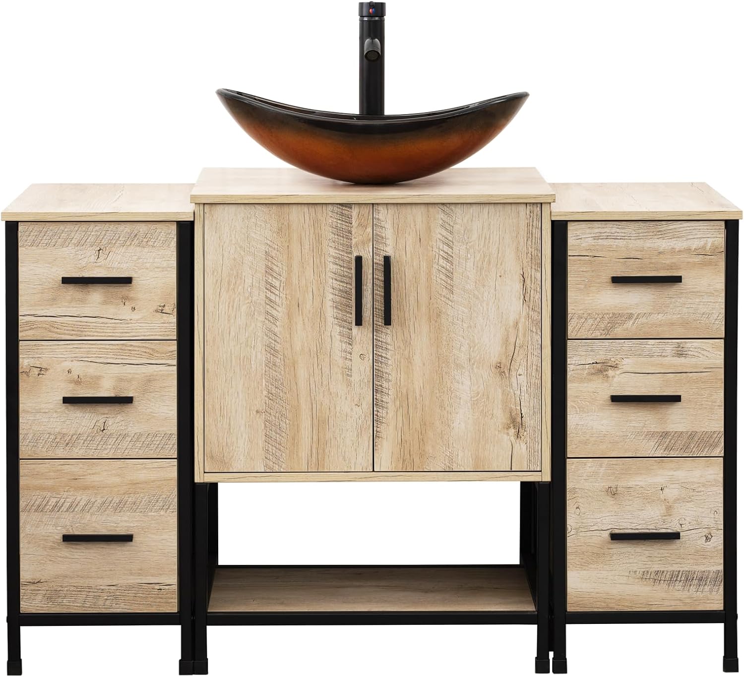 UEV 48' Rustic Oak Bathroom Vanity with Sink Combo,Industrial Iron Frame Bathroom Cabinet Sets with Double 3 Drawers Side Cabinet,Modern Brown Boat Tempered Glass Vessel Sink(029BR)