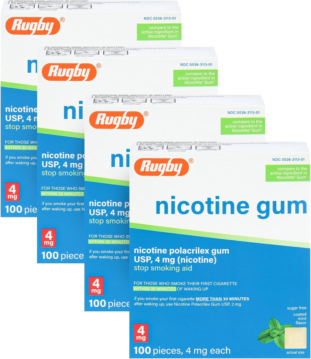 Rugby Polacrilex 4mg Nicotine Gum - Mint Flavor, Quit Smoking and Vaping Aid, Sugar-Free, 100 Count (4-Pack)