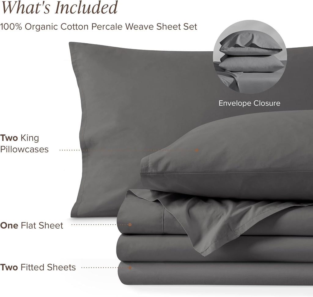 Bare Home 100% Organic Cotton Split King Sheet Set - Crisp Percale Weave - Lightweight & Breathable - Bedding Sheets & Pillowcases (Split King, Grey)