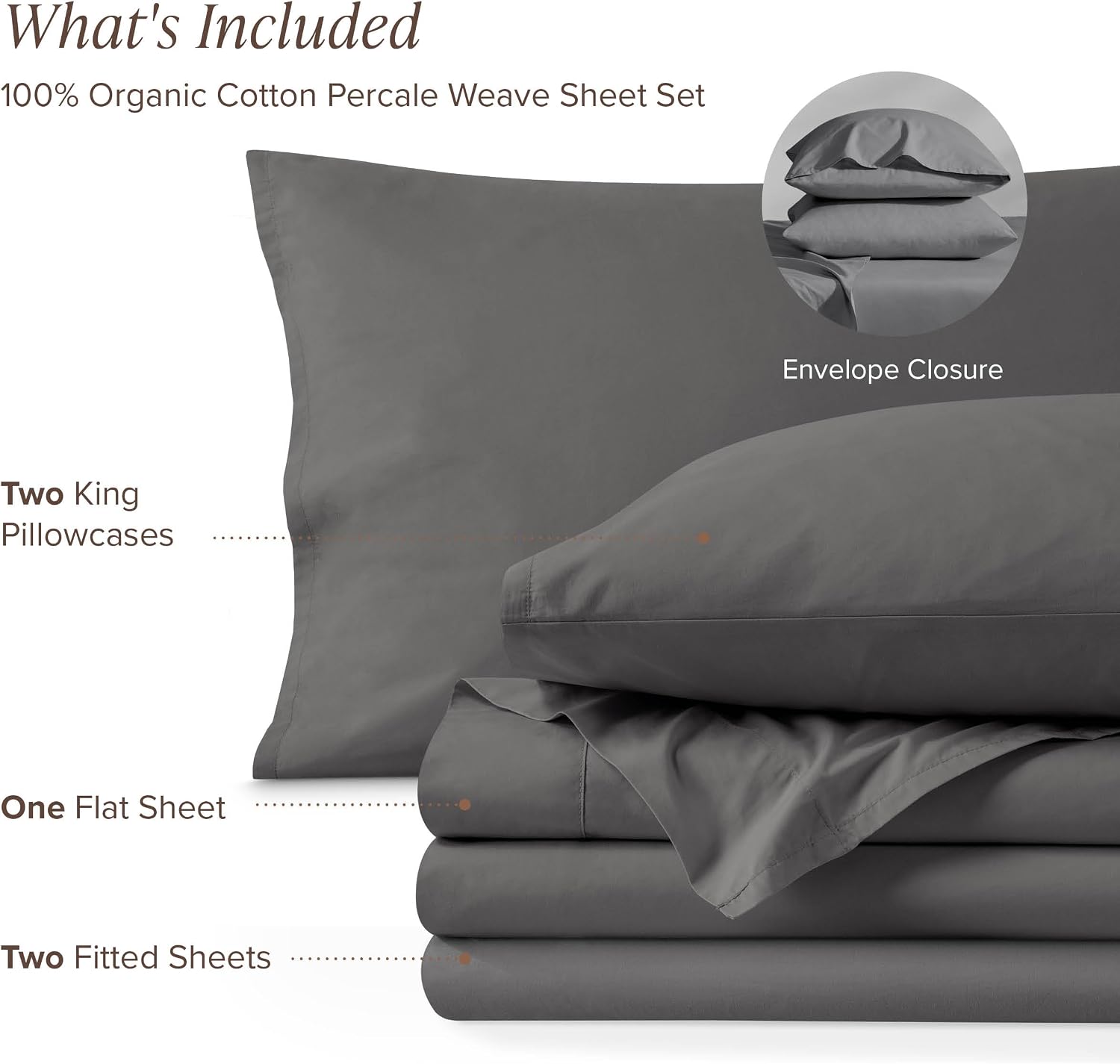 Bare Home 100% Organic Cotton Split King Sheet Set - Crisp Percale Weave - Lightweight & Breathable - Bedding Sheets & Pillowcases (Split King, Grey)