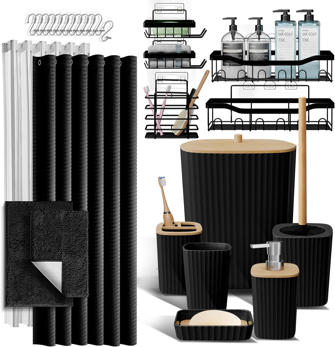 Hearth & Harbor Bathroom Accessories Set - Bathroom Set, 20PC Bathroom Accessory Set, Shower Curtain Set, Toilet Brush, Trash Can & Soap Dispenser (Black, Complete 27-Piece Set)