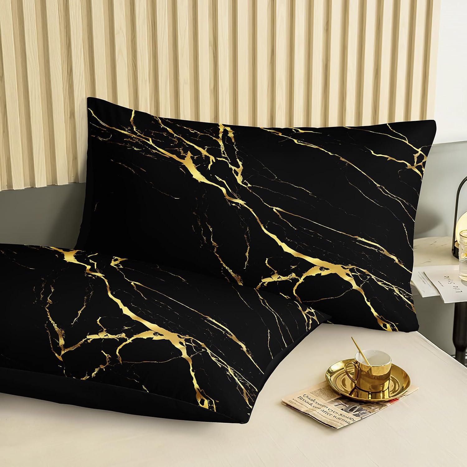 Merryword 8 Pcs Bed in a Bag Comforter Set - California King Size Black Gold Marble Bedding Set