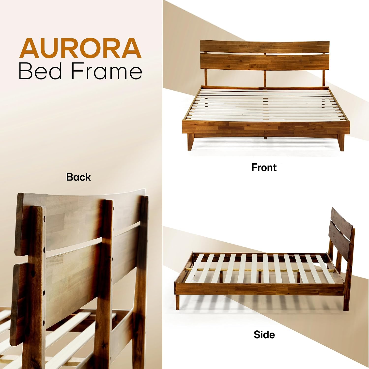 Acacia Aurora Wooden Bed with Headboard, Queen Size Bed Frame, 800lbs Capacity Wood Bed Compatible with All Mattress Types, Non-Slip & Noise-Free, Wood Slats Support, Easy Assembly, Walnut