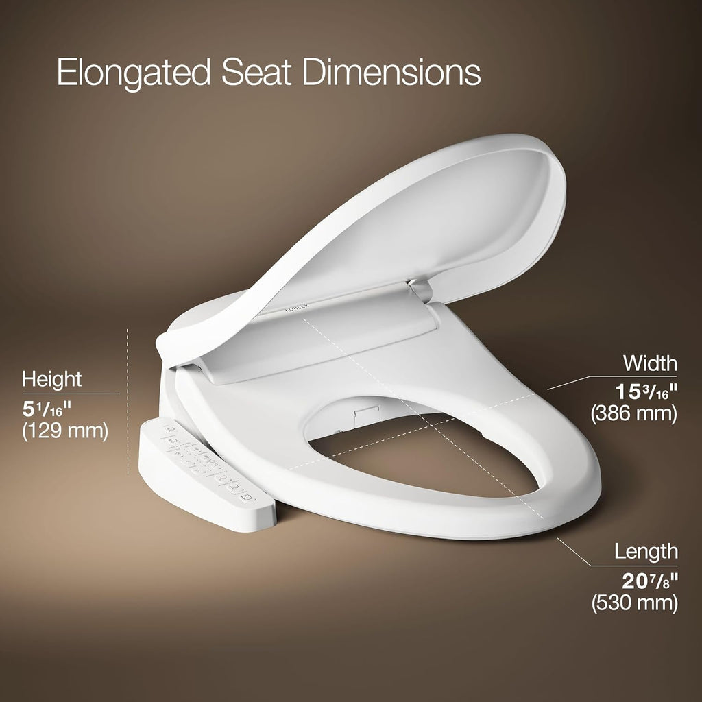 Kohler PureWash E580 Elongated Bidet Toilet Seat, White, Quiet-Close Lid Prevents Slamming, Self-Cleaning Wand, Adjustable Water Pressure with Multiple Cleansing Options