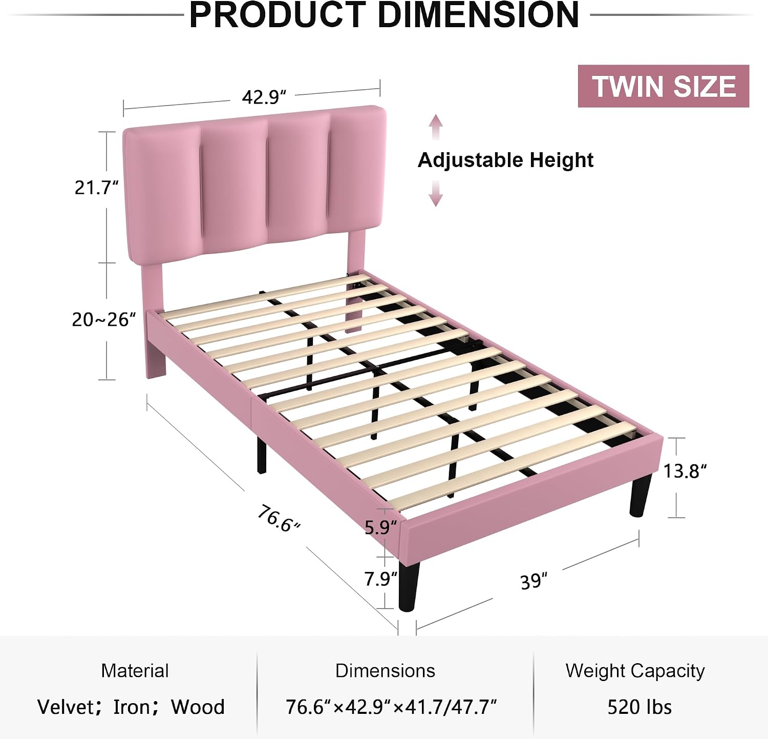 VECELO Twin Bed Frames, Upholstered Platform Bedframe, Adjustable Headboard, Wood Slat Support, No Box Spring Needed, Easy Assembly, Cherry Pink