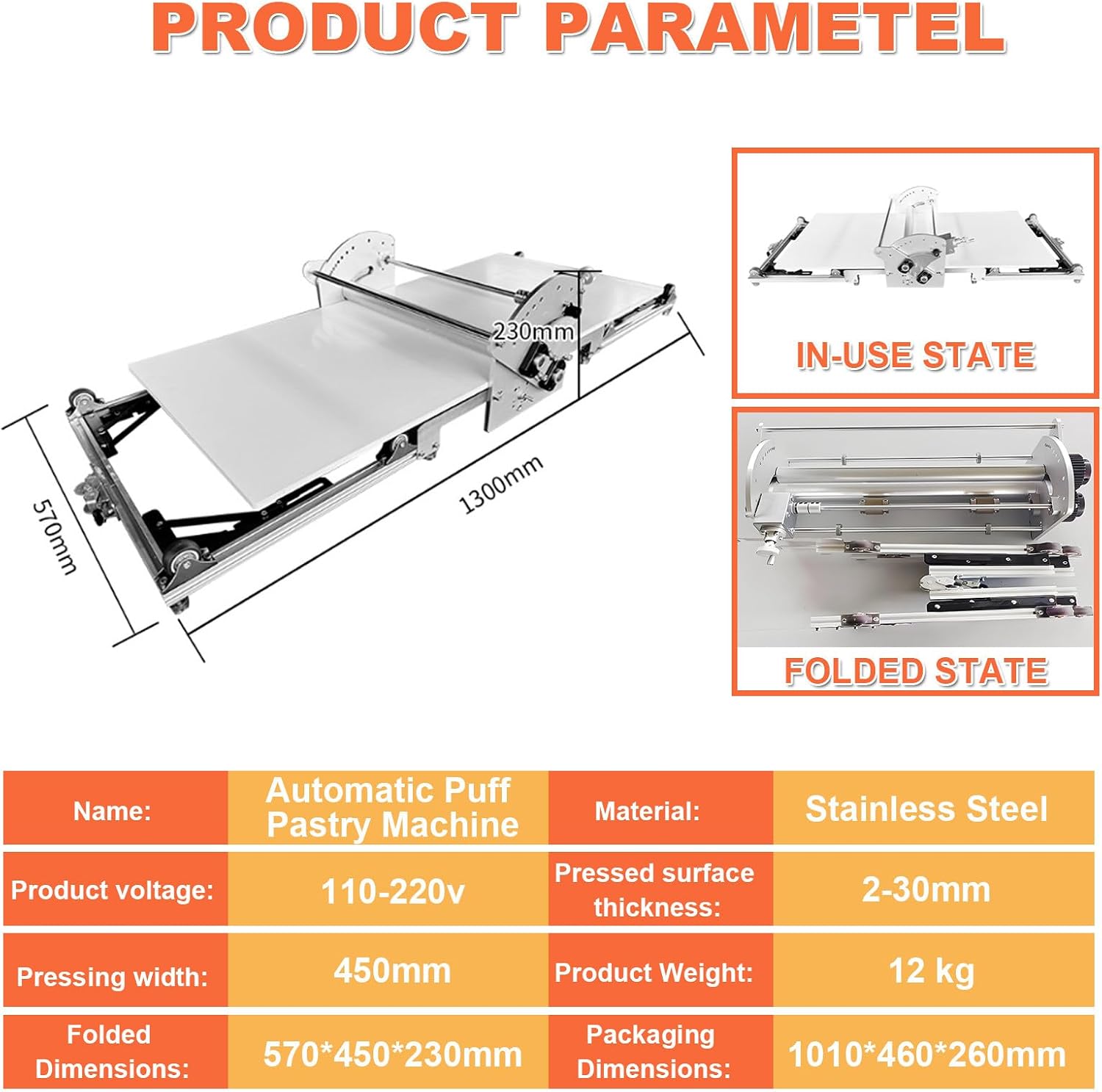Home Electric Puff Pastry Maker - Stainless Steel, 2-30mm Thickness Adjustment, Foldable Electric Dough Sheeter for Pizza, Croissants, Pastries, and Fudge