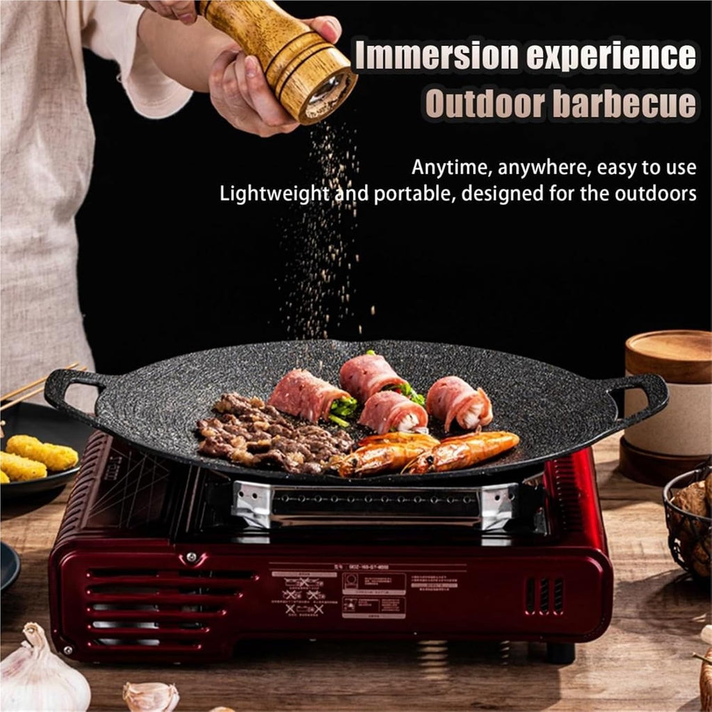 Cast Iron Barbecue Tray Bbq Grill Pan for Indoor Cooking Camping Non-stick Round Baking with for Home for Outdoor Camping(M-33x18x3cm)