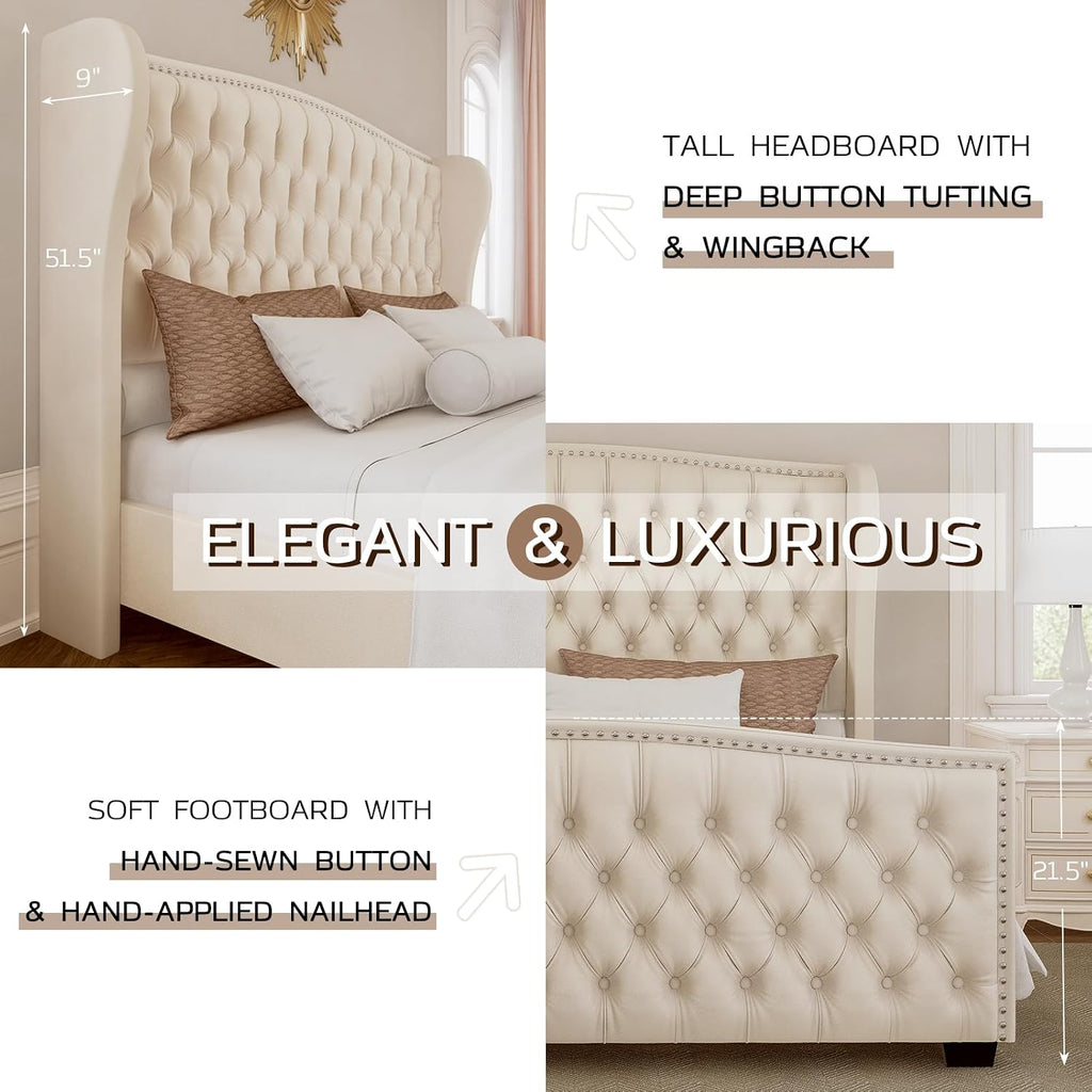 LUXOAK King Platform Bed Frame with Wingback Headboard, Velvet Upholstered Bed Frame with Handmade Button Tufted & Nailhead, Wooden Slats Support, Cream