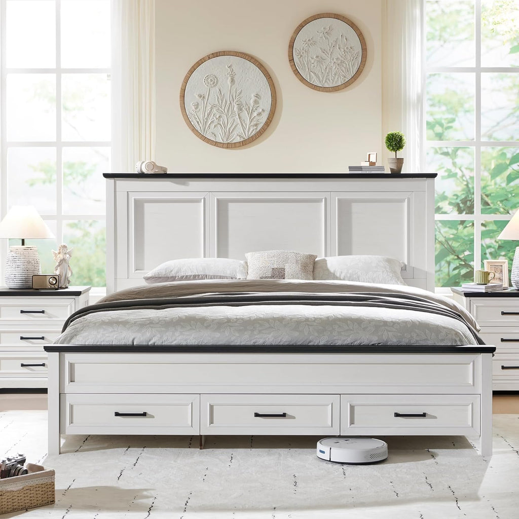 JXQTLINGMU Farmhouse King Wood Bed Frame with 52' Tall Headboard & 20' H Footboard, Platform Bedframe with Hidden Storage Drawers, Noiseless, No Box Spring Required, Off White