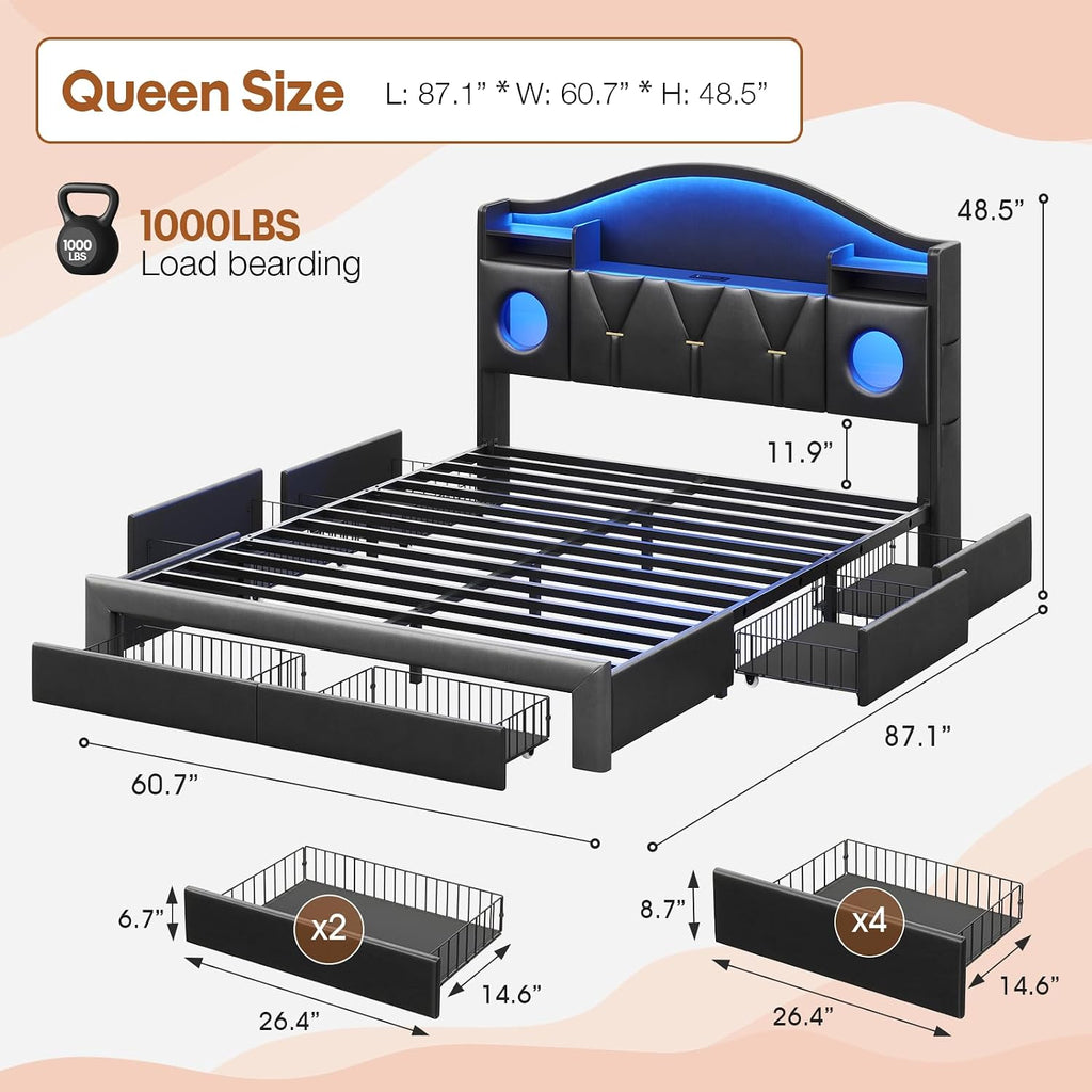 Queen Bed Frame with 6 Storage Drawers and Headboard,Bed Frame Queen Size with Charging Station & LED Light,Platform Metal Bed Frame with Storage,Queen Bed No Box Spring Needed,Easy Assembly,PU Black