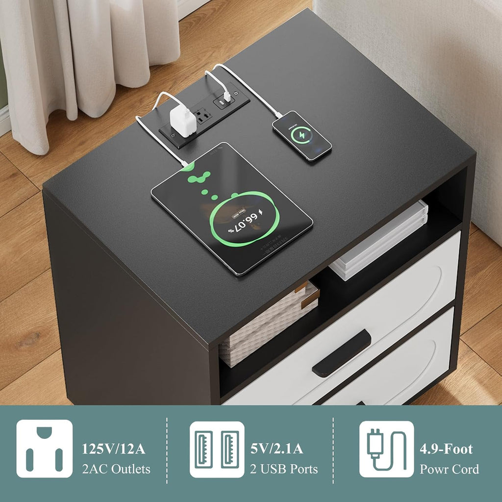 3 Pieces Bedroom Set, Queen Size Bed Frame with Storage Headboard, 2 Nightstands with Charging Station, Black