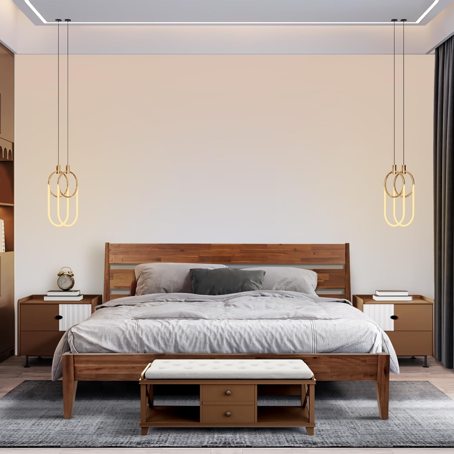 Acacia Emery Bed Frame with Headboard Solid Wood Platform Bed, King Size Bed Frame, Mid - Century Modern Wood Bed Compatible with All Mattresses, Easy Assembly, Non-Slip, Walnut