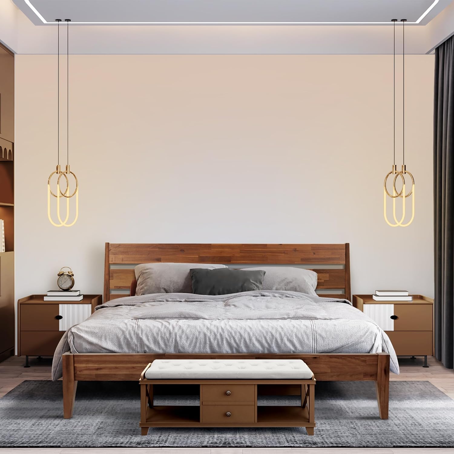 Acacia Emery Bed Frame with Headboard Solid Wood Platform Bed, Queen Size Bed Frame, Mid - Century Modern Wood Bed Compatible with All Mattresses, Easy Assembly, Non-Slip, Walnut
