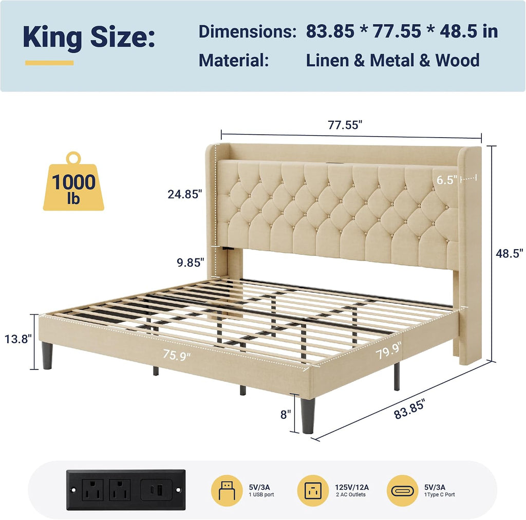 Allewie King Size Bed Frame, Storage Headboard with Charging Station,Wingback Linen Upholstered, Diamond Stitched Button Tufted, Sturdy Wooden Slats, No Box Spring Needed, Easy Assembly, Beige