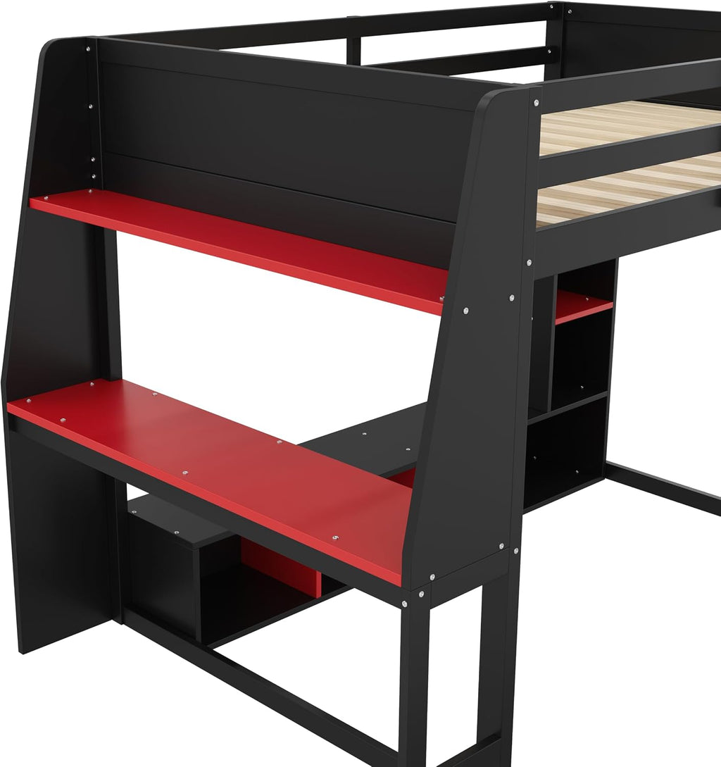Solid Wood Gaming Loft Bed Full Size with Desk & Shelves & Hanging Rack & LED,Esports Design for PC & Console Gamers,Space Saving Loft Bed Frame with Guardrails & Ladder,No Box Spring Needed,Black