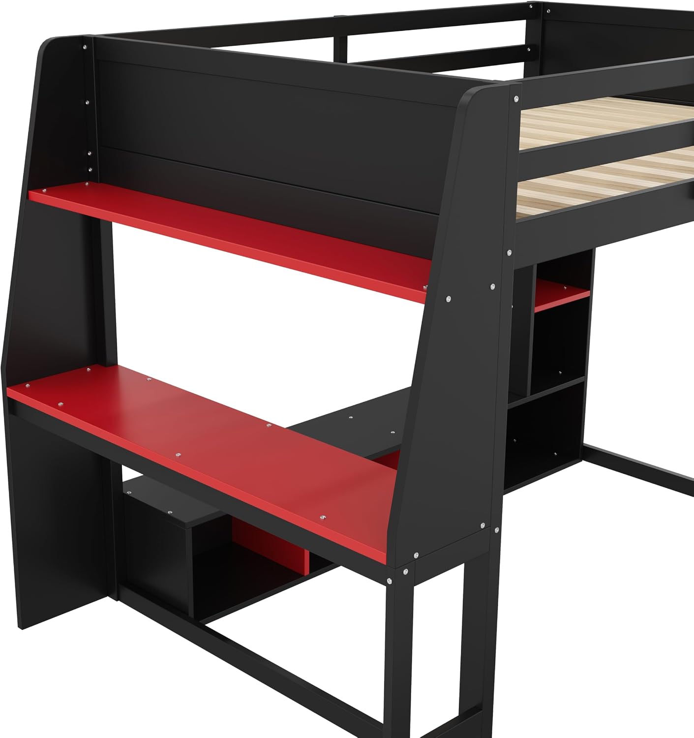 Solid Wood Gaming Loft Bed Full Size with Desk & Shelves & Hanging Rack & LED,Esports Design for PC & Console Gamers,Space Saving Loft Bed Frame with Guardrails & Ladder,No Box Spring Needed,Black