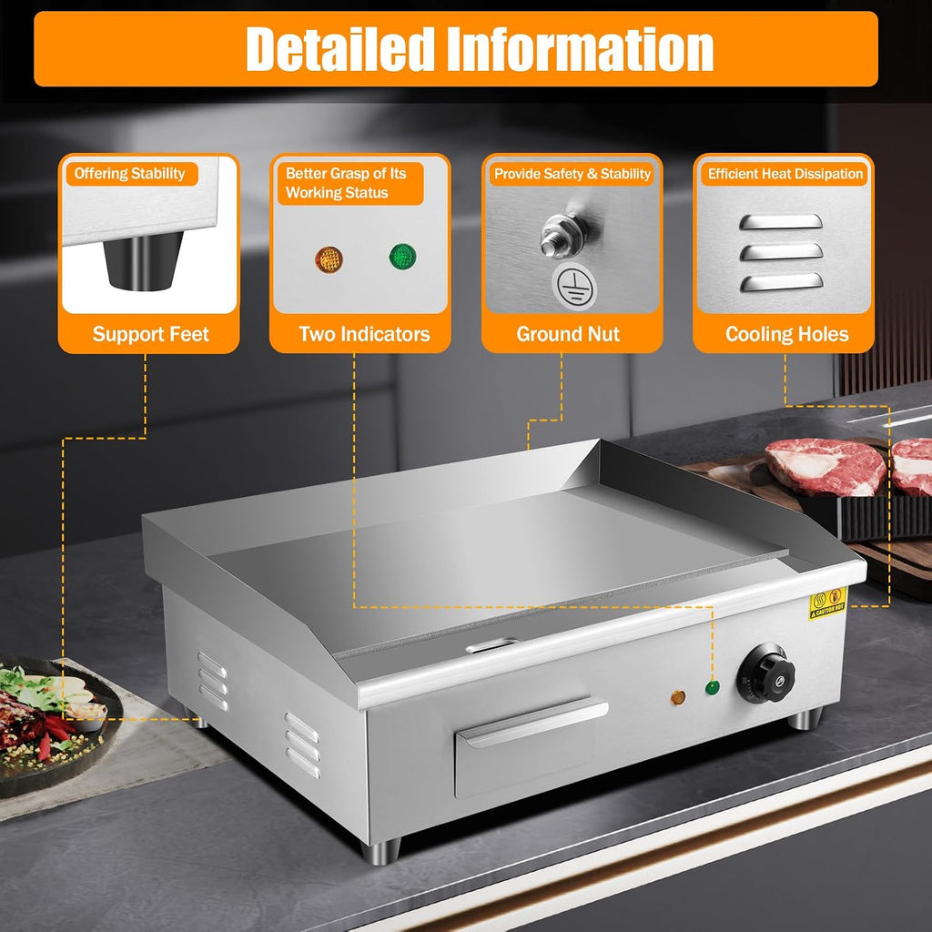 3000W Electric Griddle - 22' Commercial Flat Top Grill with 122-572°F Adjustable Temp, Stainless Steel Teppanyaki Plate for Restaurant/Kitchen (110V, Non-Stick Surface)