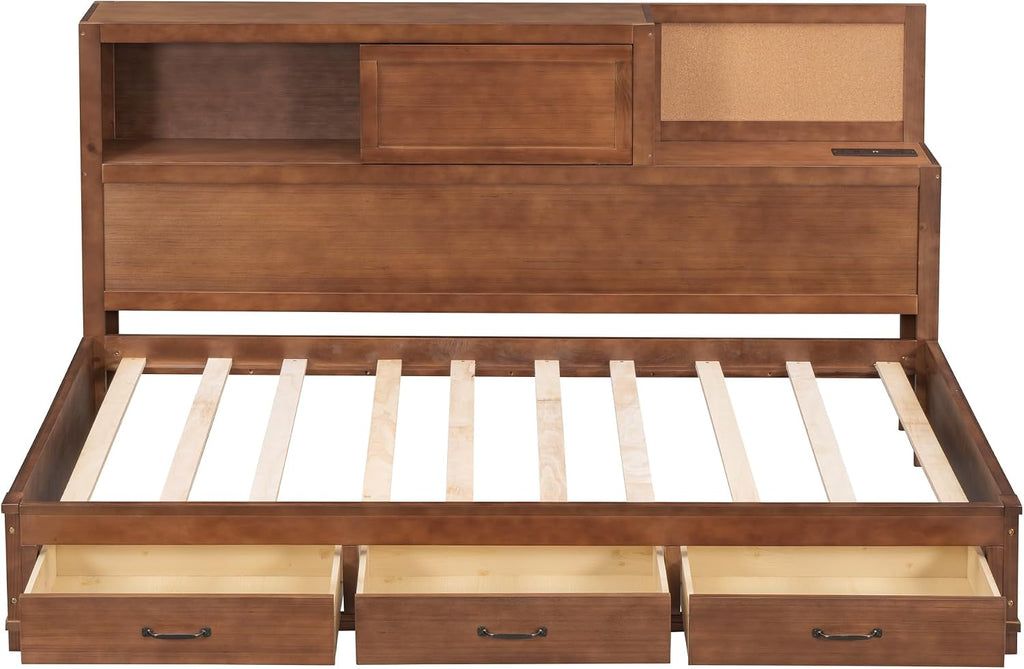 Merax Twin Size Wooden Daybed with 3 Storage Drawers,Headboard with Shelf,A Set of Sockets and USB Ports,Brown