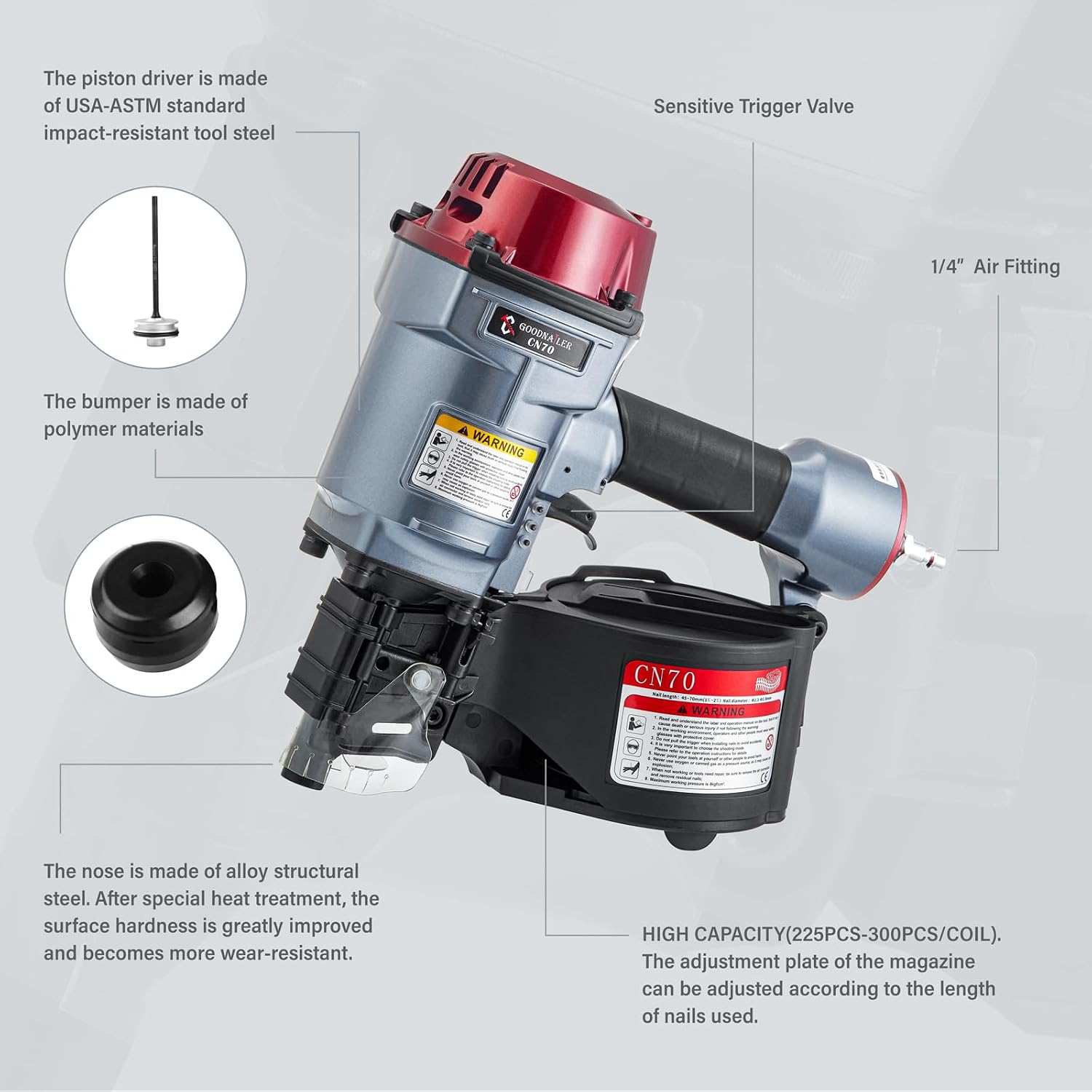CN70 Air Coil Nailer 15 Degree 1-3/4-Inch to 2-3/4-Inch Siding Nailer Fast Shooting For Wooden Pallet Packing Wood Fencing