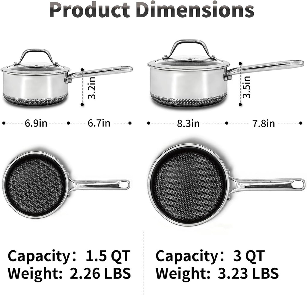 Hybrid Nonstick Saucepan Set of 2 with Lids 1.5 QT and 3 QT, Stainless Steel Honeycomb Pans with Side Pour Spouts,Compatible with All Cooktops,Dishwasher and Oven Safe
