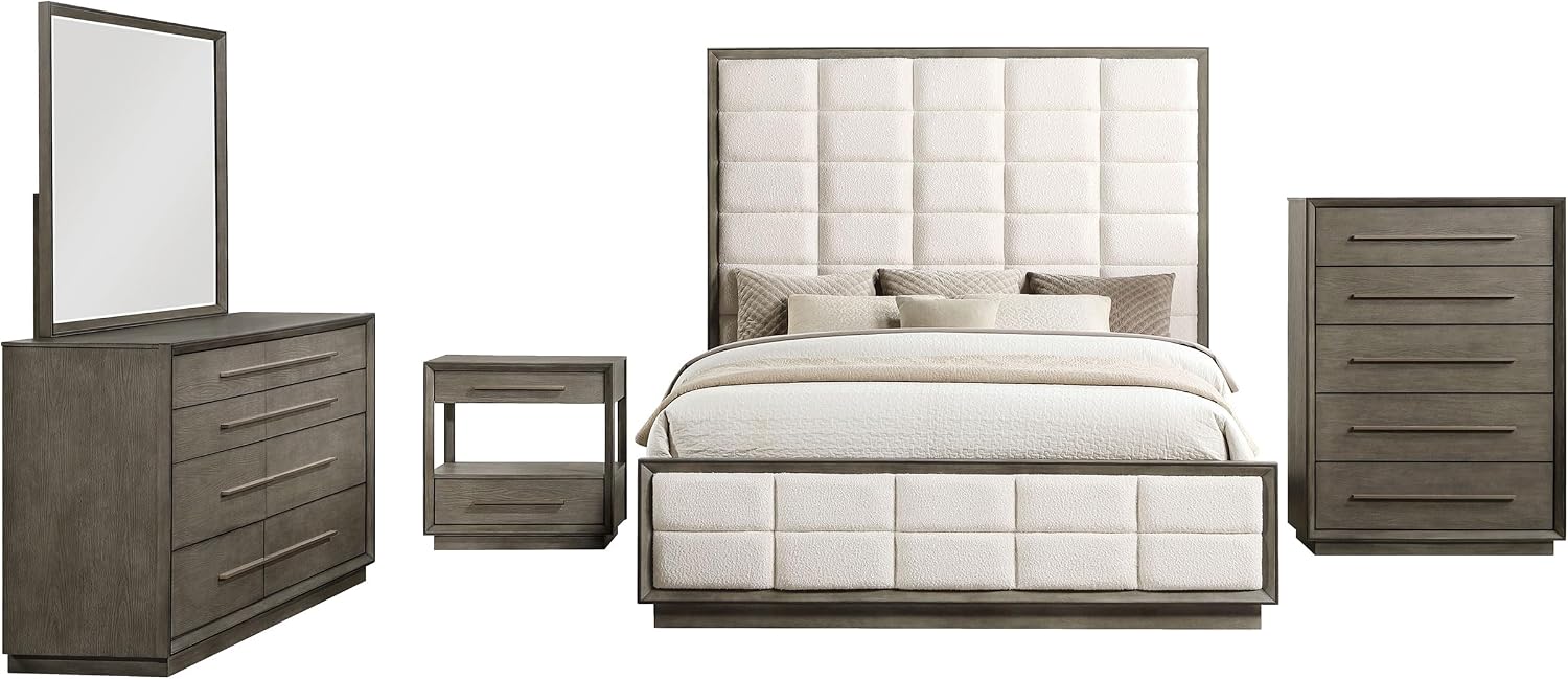 Coaster Home Furnishings Durango Transitional 5-Piece Bedroom Set Boucle Upholstered California King Size Panel Bed Frame 80-inch Headboard Washed Oak 223271KW-S5