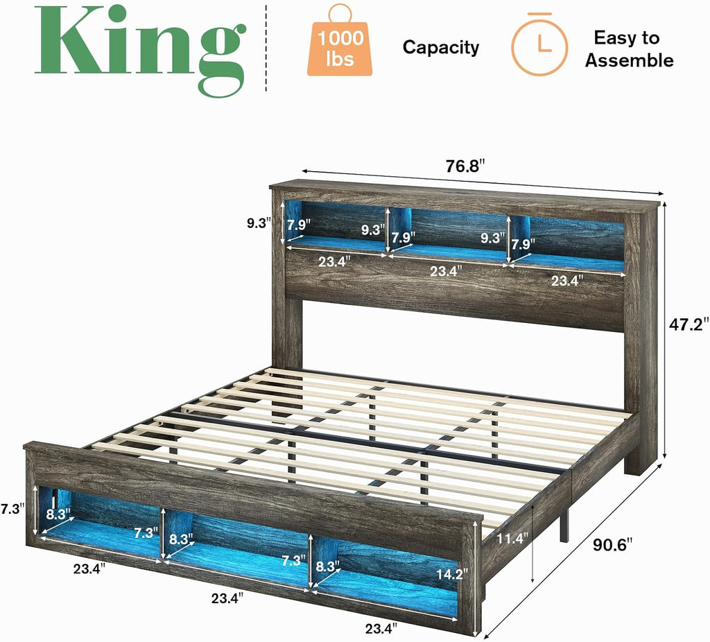 Albott Farmhouse King Size Bed Frame with Storage/Bookcase Headboard & Footboard, Wood Platform Bed with LED Lights/Charging Station, Heavy-Duty Metal Support/No Box Spring Needed/Noise-Free, Gray