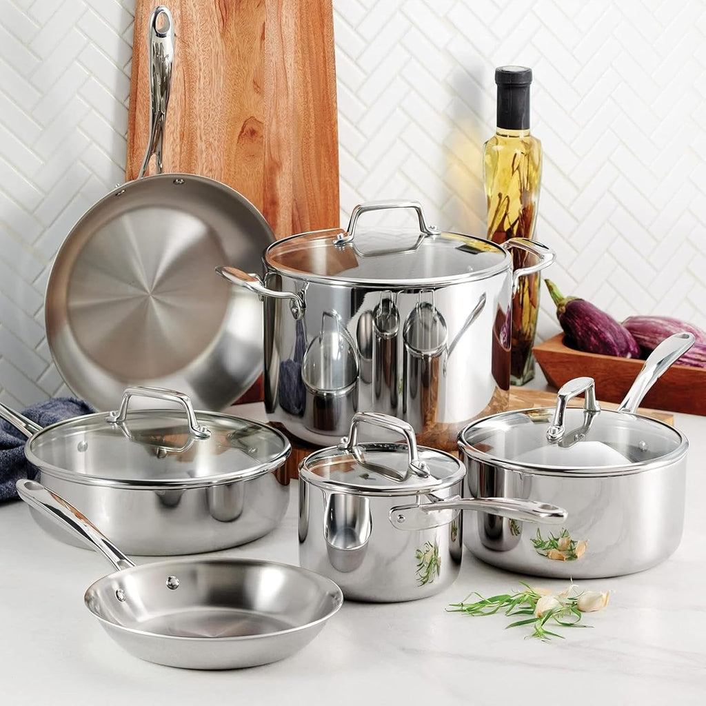 Tri-ply Clad Stainless Steel 10-piece Cookware Set with Glass Lids, Pots and Pans Kitchen Set, Induction-ready, Dishwasher-safe(10-Piece/Stainless Steel)