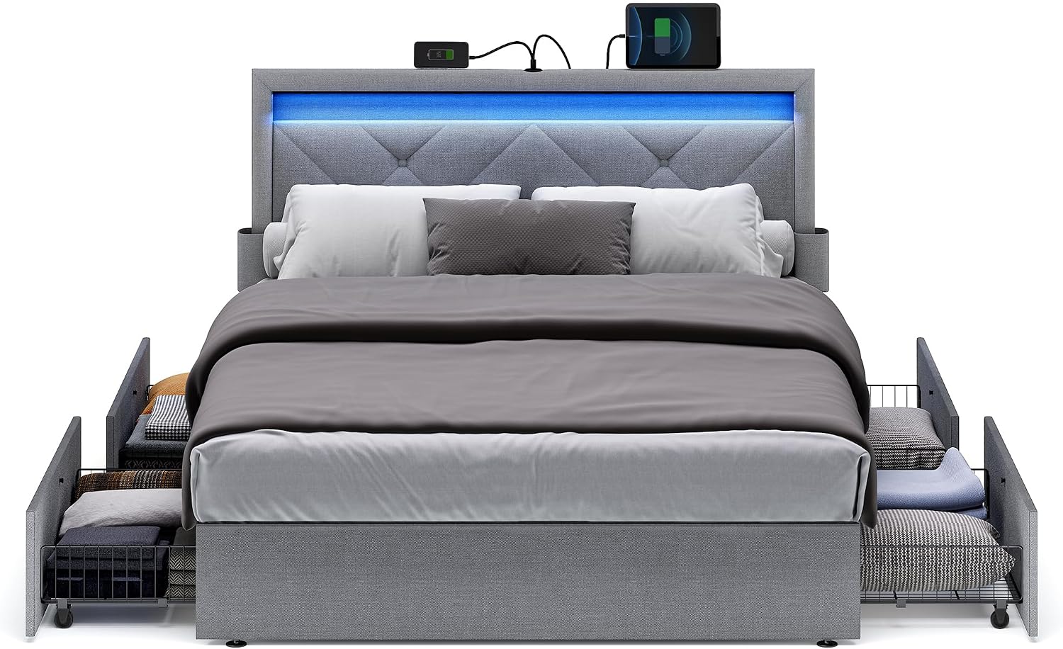 VASAGLE LED Bed Frame Full Size, Full Bed with Headboard and 4 Drawers, 1 USB Port and 1 Type C Port, Adjustable Upholstered Headboard 37.1/39.6 Inches, No Box Spring Needed, Light Gray URMB822G01