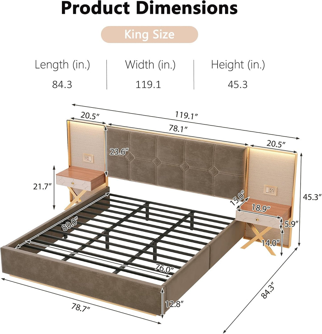 Luxurious King Platform Bed Frame with Metal Frame Headboard, Modern Velvet Upholstered Platform Bed with 2 Built-in Wall Lamps and Bedside Table for Bedroom Guestroom, Coffee