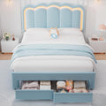 Velvet Upholstered Queen LED Bed Frame with 2 Storage Drawers and Adjustable Chic Double Wavy Headboard, Princess Platform Bed with Charing Station, Solid Wood Slats Support,No Box Spring Needed,Blue