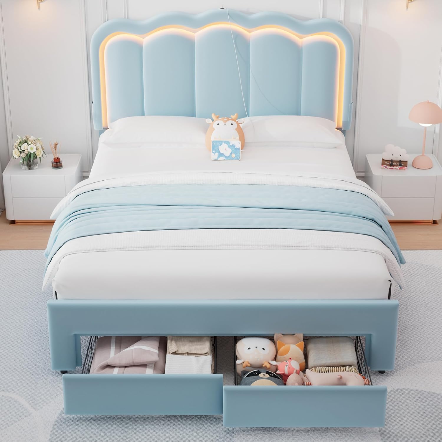 Velvet Upholstered Queen LED Bed Frame with 2 Storage Drawers and Adjustable Chic Double Wavy Headboard, Princess Platform Bed with Charing Station, Solid Wood Slats Support,No Box Spring Needed,Blue