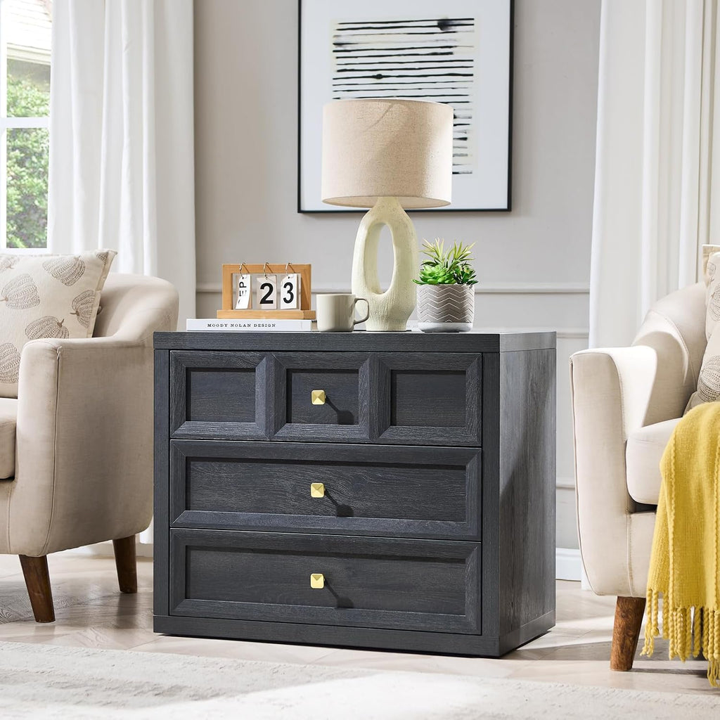 3 Drawers Nightstand Set of 2 W/Charging Station, 30.7' W King Size Bedside Table with 3 Drawers, Accent End Table W/Large Storage, Modern Wood Side Table for Bedroom,Office (2 Pieces, Gray Black)