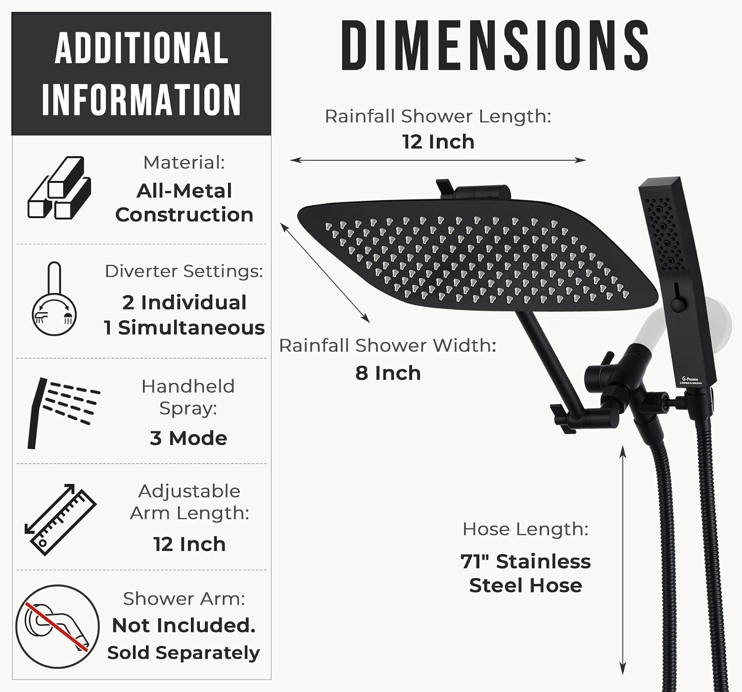 G-Promise All Metal 12 Inch Dual Square Shower Head with Handheld Spray Combo, Rain Shower Head, Adjustable Extension Arm, 3-Way Diverter, 71 Inch Extra Long Hose - A Bathroom Upgrade (Matte Black)