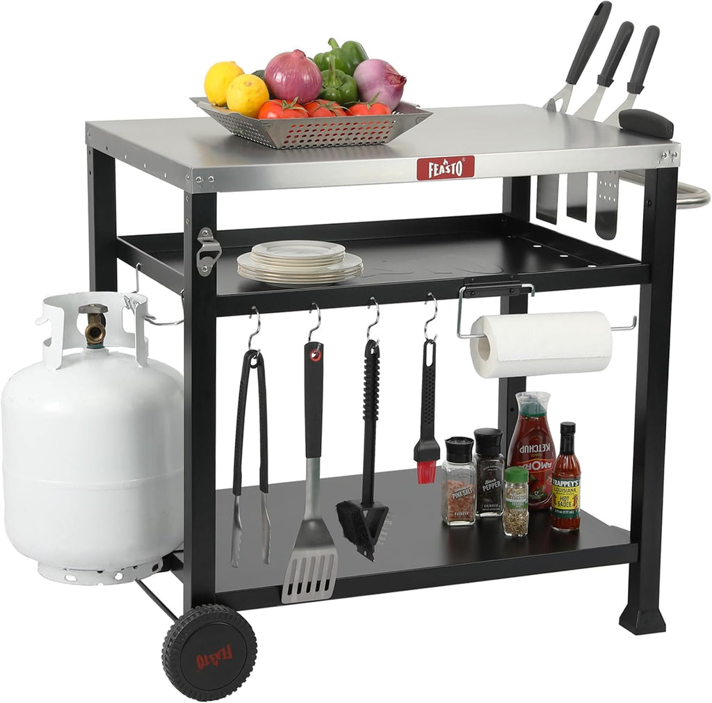 Feasto 3-Shelf Pizza Oven Table 33.5' x 21.7' Stainless Top, Rolling Outdoor Grill Cart with Waterproof Cover for Pizza Ovens & Griddles, Heavy-Duty BBQ Prep Station for Patio & Deck, Black