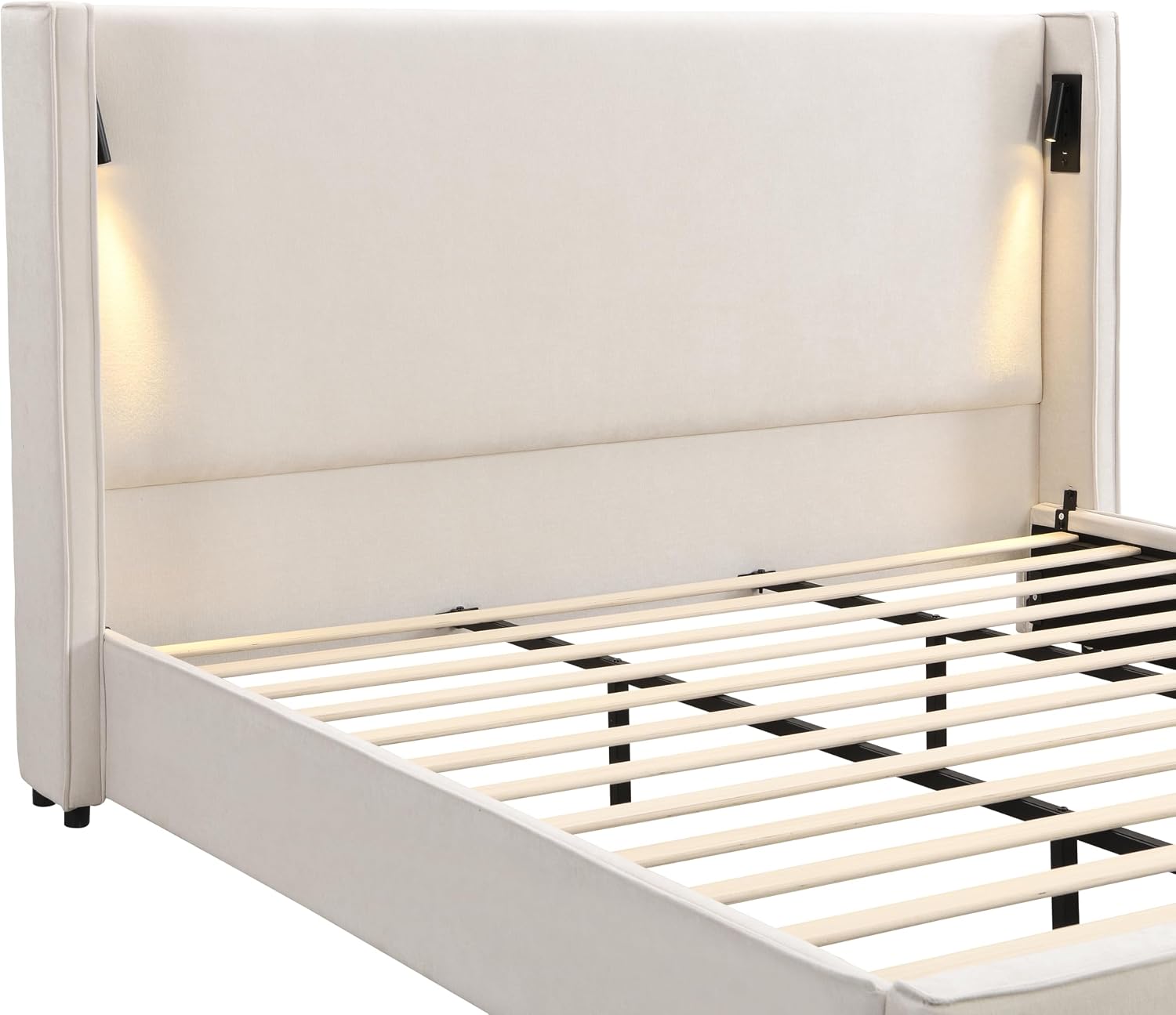 Christopher Knight Home Hazel 49.20' H King Headboard Bed, Upholstered King Size Bed, Slats Panel Support Platform, No Spring Box Needed, Wingback Headboard with Reading Lamps and USB, Beige