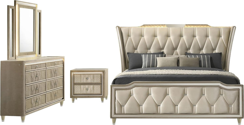Coaster Home Furnishings - Lorient - Wood - 4-Piece Bedroom Set with LED Wingback Bed, USB Port, Traditional Style and Tufted Crown Details - Bedroom - Queen Size - Ivory and Camel - 222661Q-S4