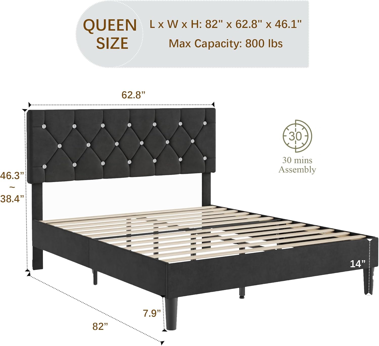VECELO Queen Size Bed Frame, Upholstered Platform with Adjustable Diamond Tufted Headboard, Wood Slat Support, No Box Spring Needed, Velvet & Black