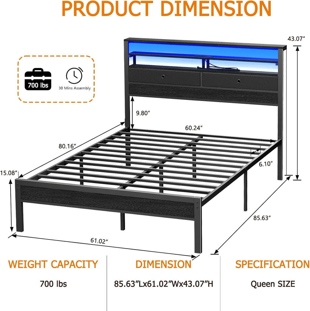 Furnulem Queen Bed Frame with Headboard, 3-Tier Storage Shelves & 2 Fabric Drawers, Built-in Charging Station & RGB LED Lights, Metal Slat Support, No Box Spring Needed, Easy Assembly, Black Oak