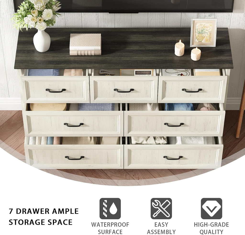 CARPETNAL Farmhouse Dresser and Nightstand Sets for Bedroom, 3 Pcs Bedroom Set, 7 Drawer Dresser & Nightstand Set of 2, Modern Wood Chest of Drawers for Bedroom, Living Room, Entryway, White