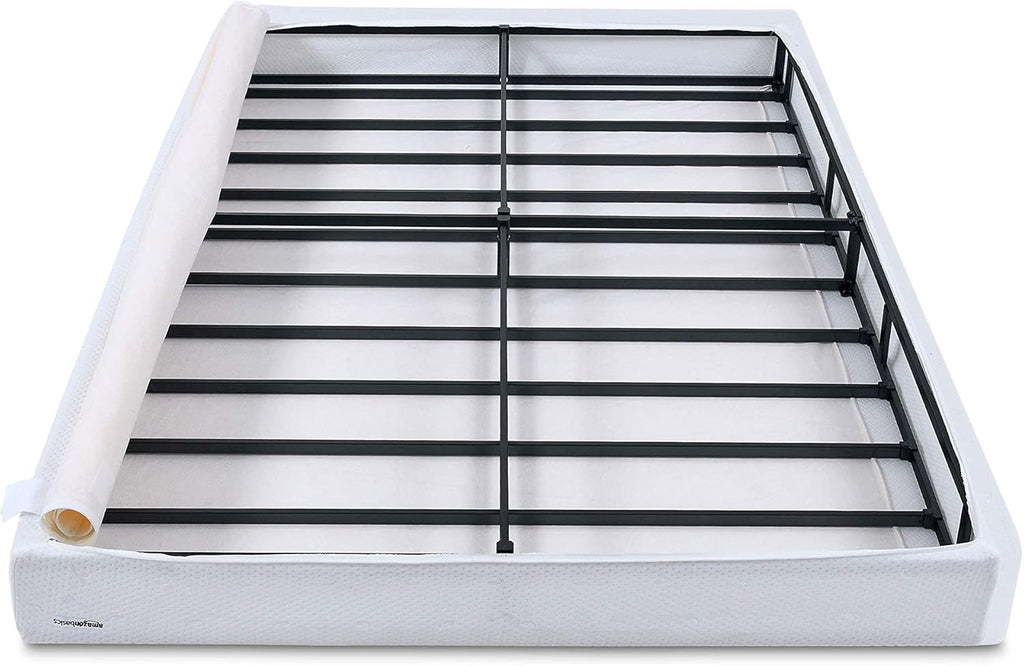 Amazon Basics Smart Box Spring Bed Base, 5-Inch Low Profile Height Mattress Foundation, Sturdy Durable Steel Support, Tool-Free Easy Assembly, Queen, 79' x 59.5' x 5', White