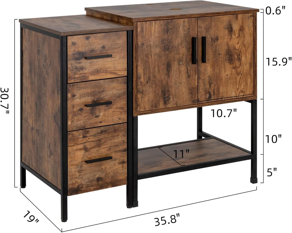UEV 36' Antique Bathroom Vanity, Dark Brown Bathroom Vanity Set with Sink and 3 Drawers Side Cabinet Combo, Iron Wood Bathroom Cabinet with Adjustable Water Temperature Faucet (T03)