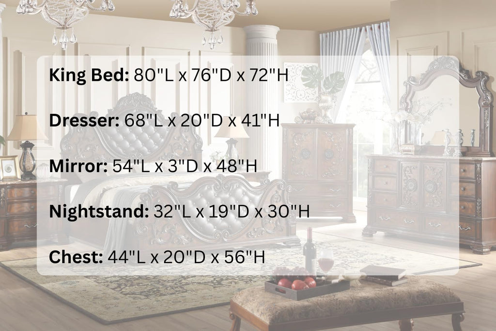 First of a Kind Santa Monica Traditional 5 Piece King Bedroom Set with Upholstered Tufted Headboard Elegant Classic Design Coordinated Furniture Collection, Cherry